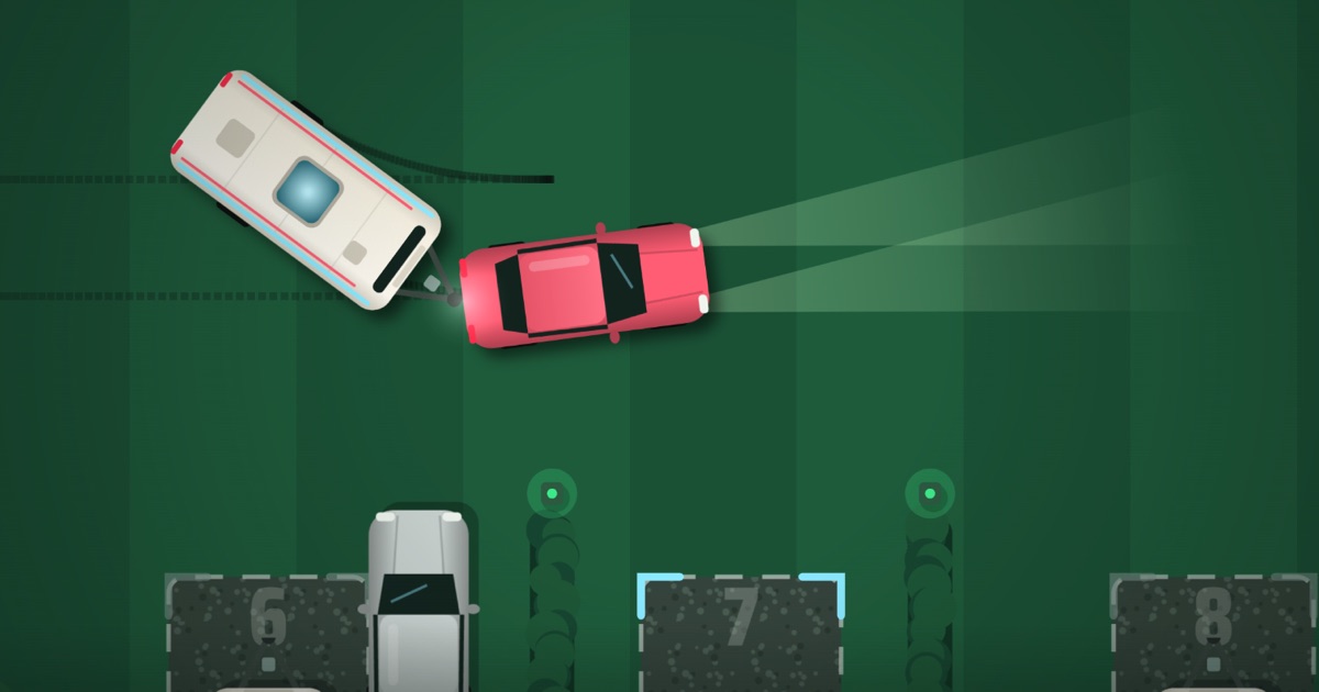 Caravan Reverse: a red car reversing a caravan towards a row of campsite pitches